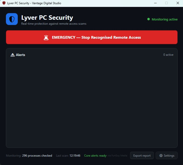 Lyver PC Security Windows development interface with monitoring status, alerts and an emergency remote-access control